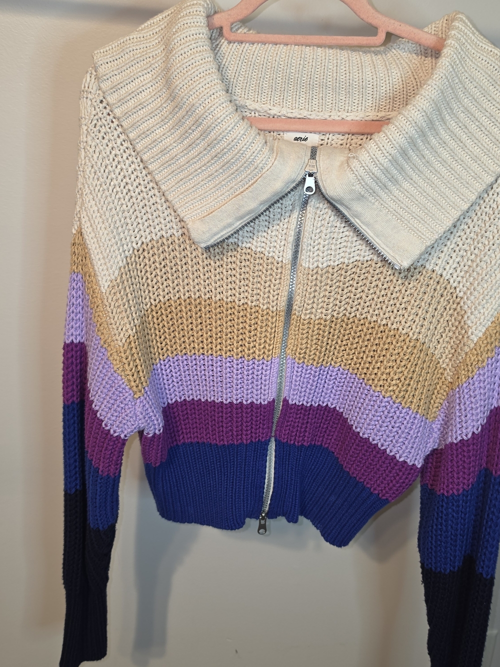 aerie Striped Zip-Up Knit Cardigan in Cream, Tan, Lavender, Plum & Navy